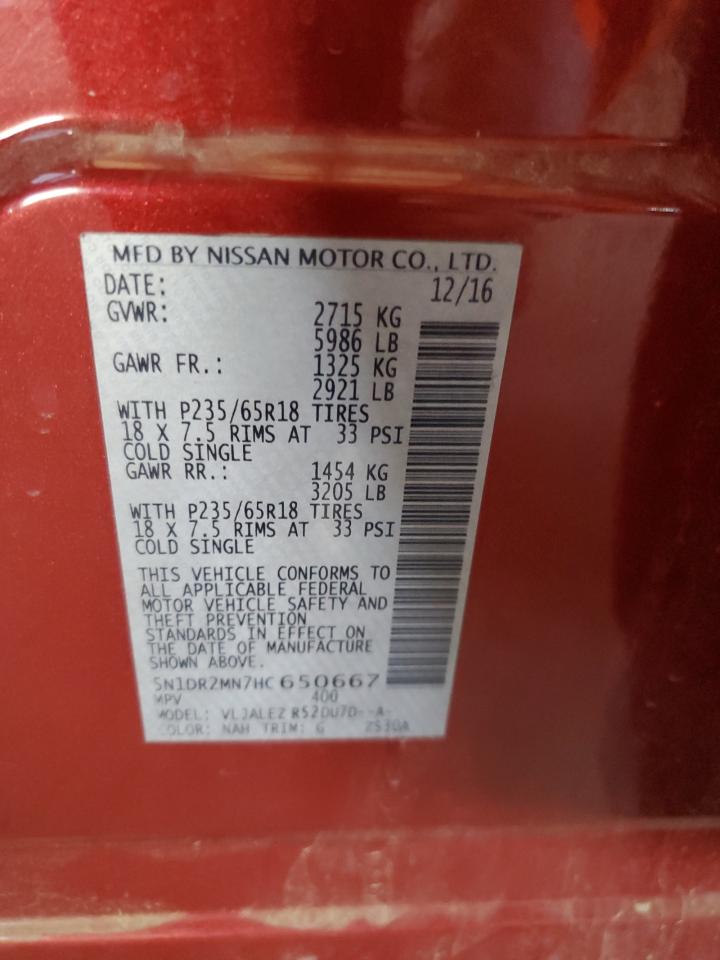2017 Nissan Pathfinder VIN 5N1DR2MN7HC650667 Copart auction photo, front end / mechanical damage thumbnail 13