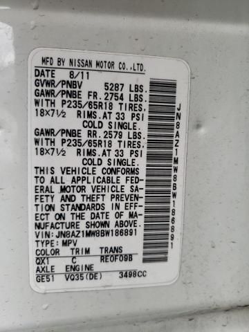 2011 Nissan Murano VIN JN8AZ1MW8BW186891 Copart auction photo, rear end / minor dent/scratches damage thumbnail 13
