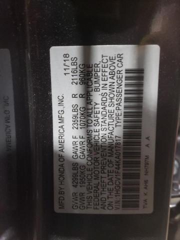 2019 Honda Accord VIN 1HGCV1F44KA017817 Copart auction photo, front end / minor dent/scratches damage thumbnail 12
