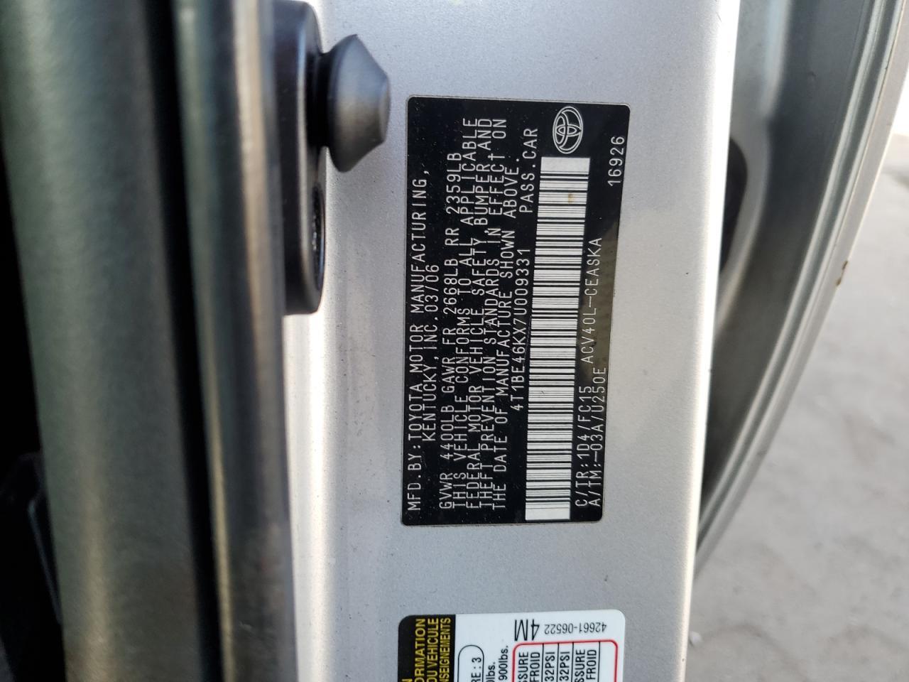 2007 Toyota Camry VIN 4T1BE46KX7U009331 Copart auction photo, front end damage thumbnail 13