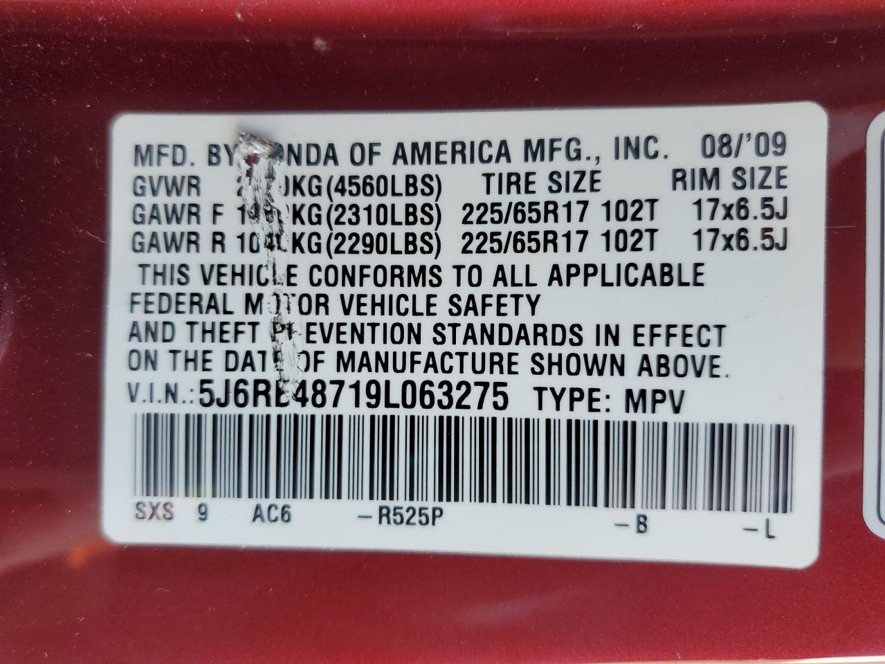 2009 Honda CR-V VIN 5J6RE48719L063275 Copart auction photo, front end / hail damage thumbnail 14