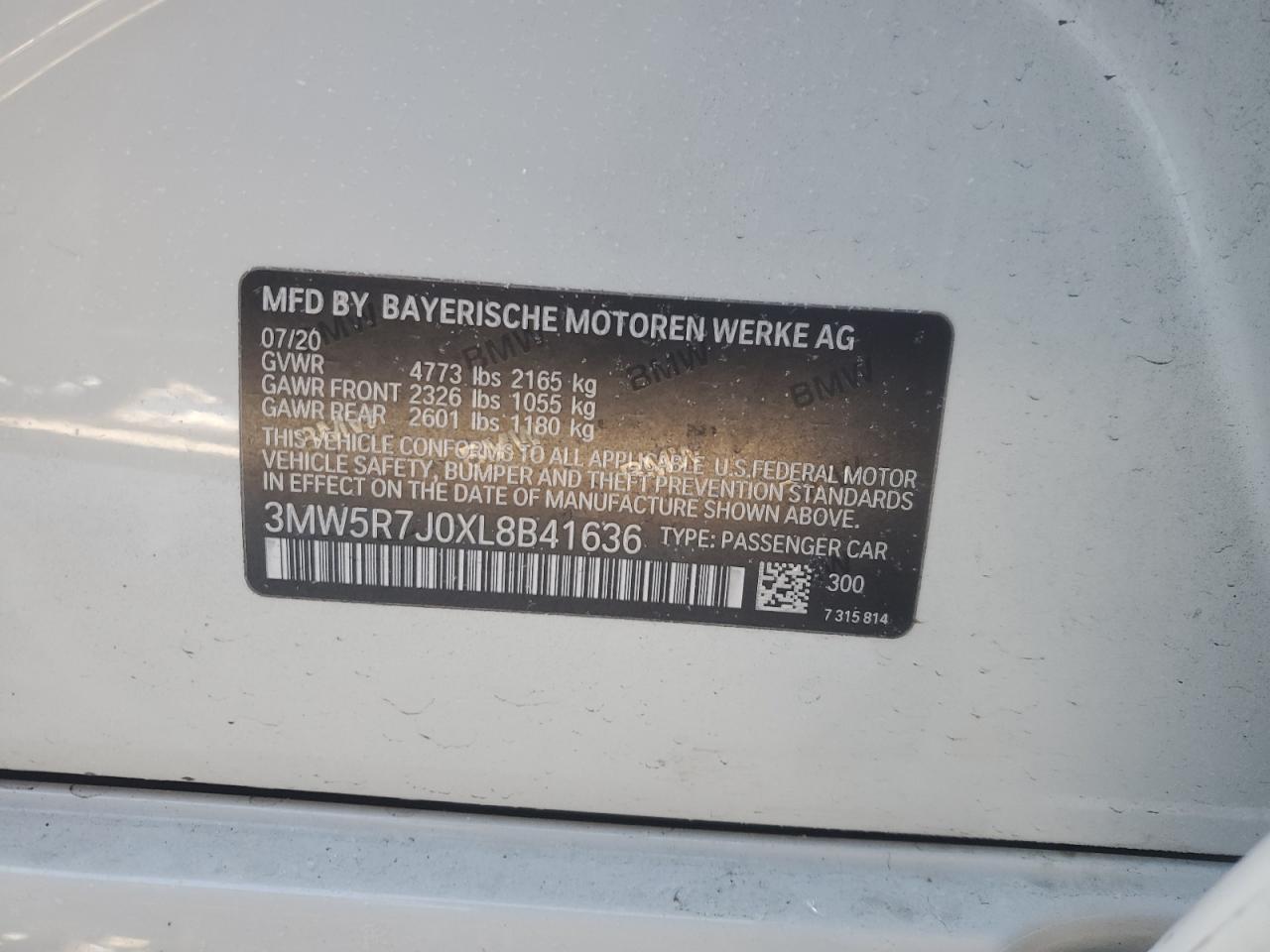 2020 BMW 3er VIN 3MW5R7J0XL8B41636 Copart auction photo, front end damage thumbnail 12