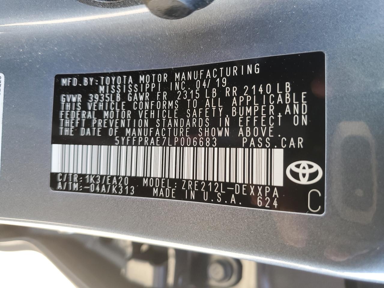 2020 Toyota Corolla VIN 5YFFPRAE7LP006683 Copart auction photo, rear end damage thumbnail 13