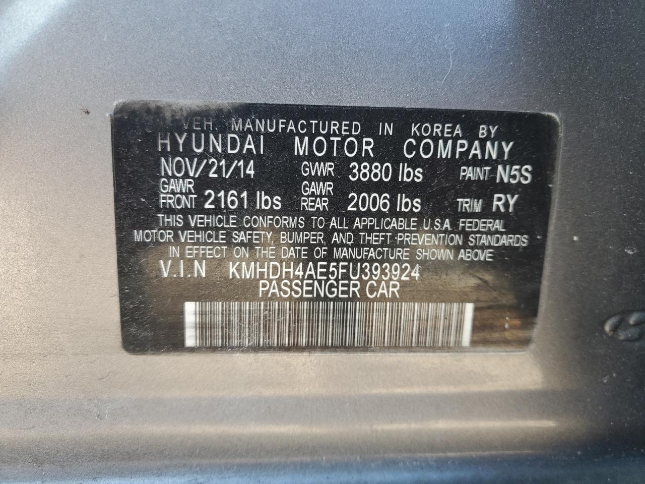 2015 Hyundai Elantra VIN KMHDH4AE5FU393924 Copart auction photo, minor dent/scratches damage thumbnail 12