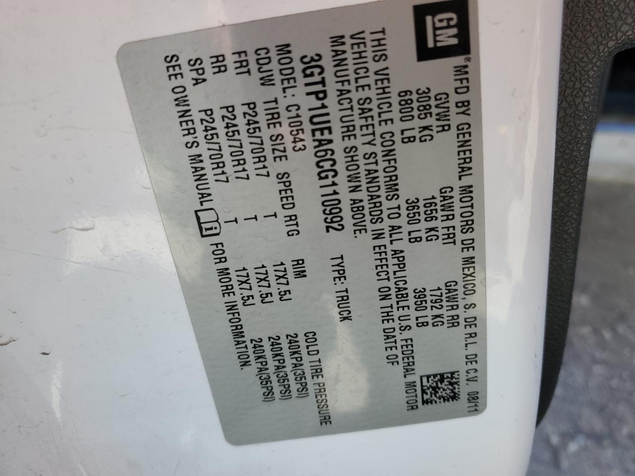 2012 GMC Sierra VIN 3GTP1UEA6CG110992 Copart auction photo, rear end / side damage thumbnail 12