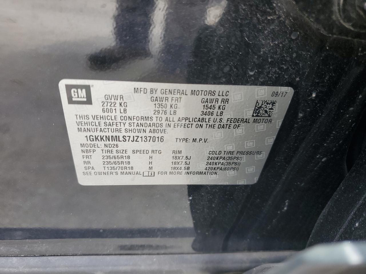 2018 GMC Acadia VIN 1GKKNMLS7JZ137016 Copart auction photo, all over / vandalism damage thumbnail 15