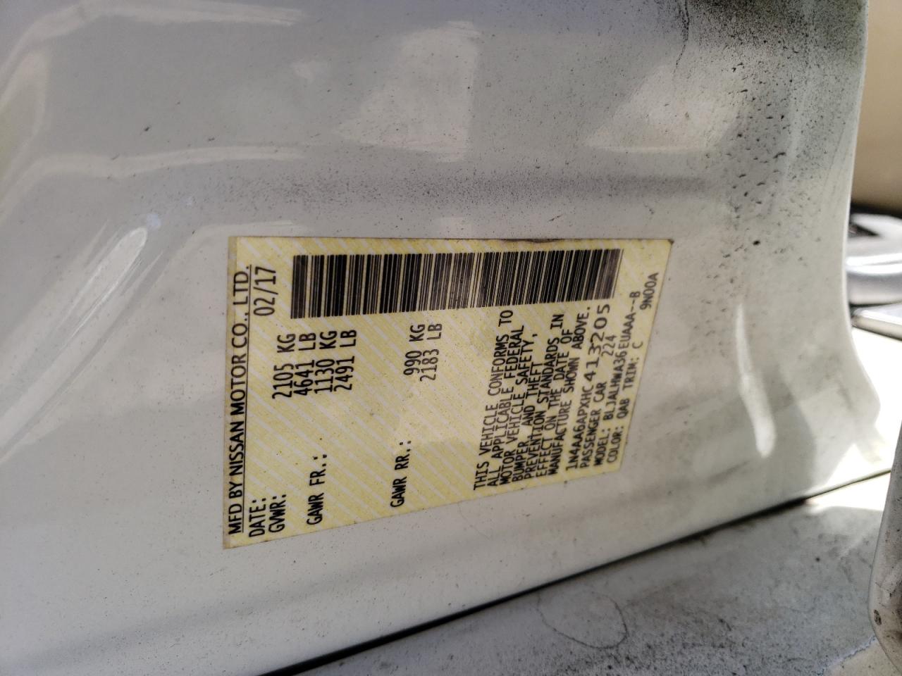 2017 Nissan Maxima VIN 1N4AA6APXHC413205 Copart auction photo, front end / side damage thumbnail 13