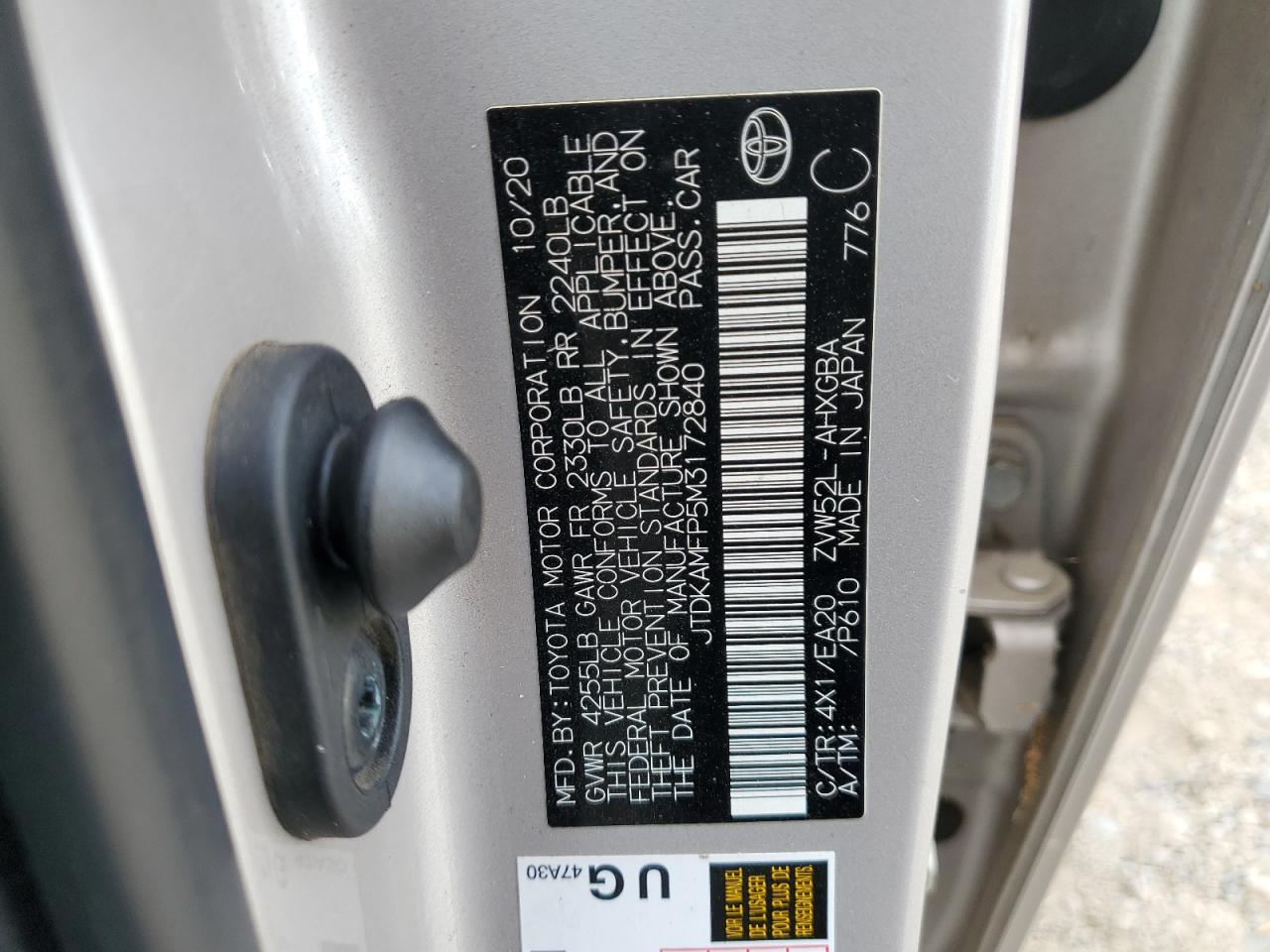2021 Toyota Prius VIN JTDKAMFP5M3172840 Copart auction photo, mechanical damage thumbnail 12