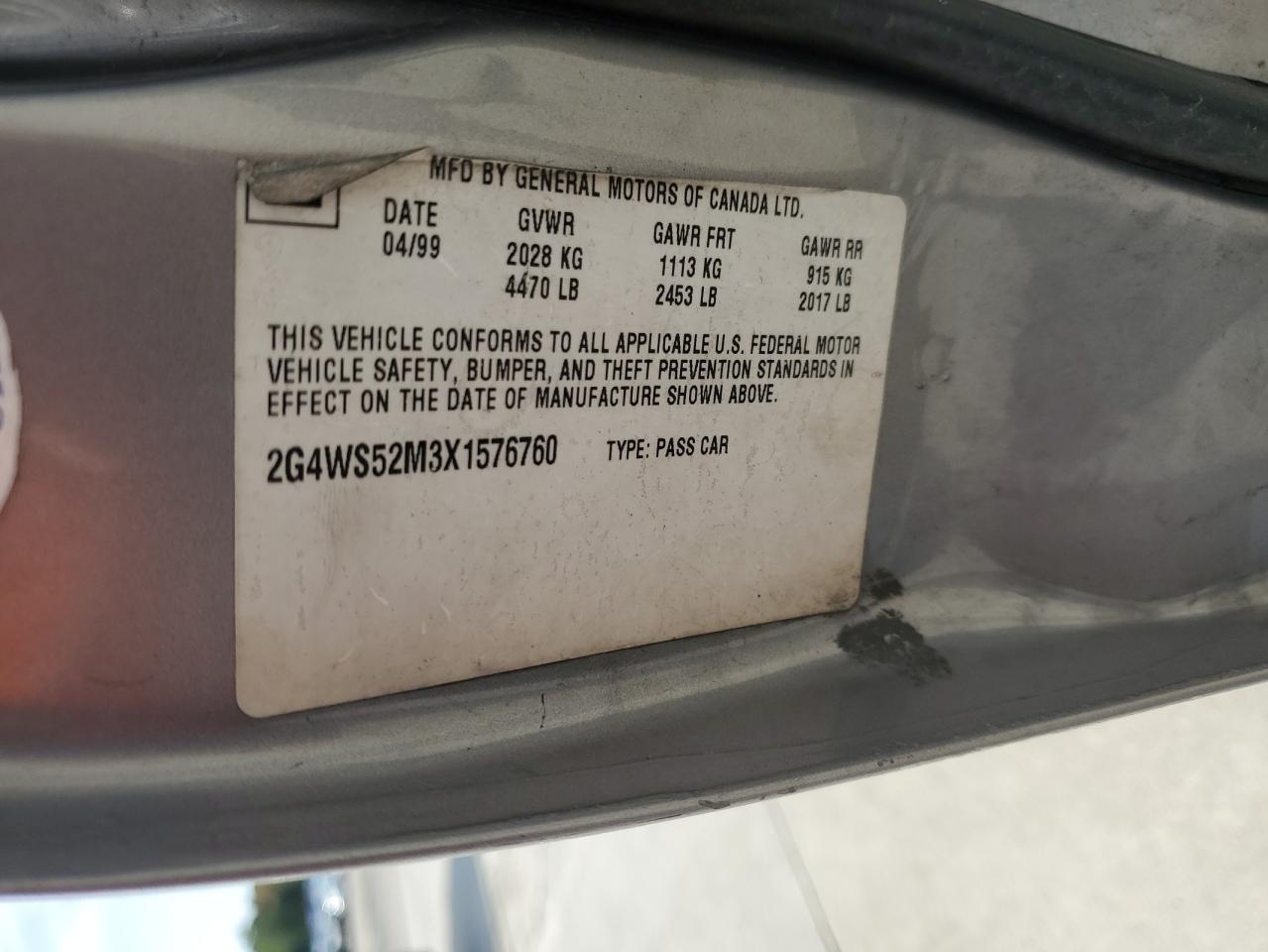 1999 Buick Century VIN 2G4WS52M3X1576760 Copart auction photo, front end damage thumbnail 14