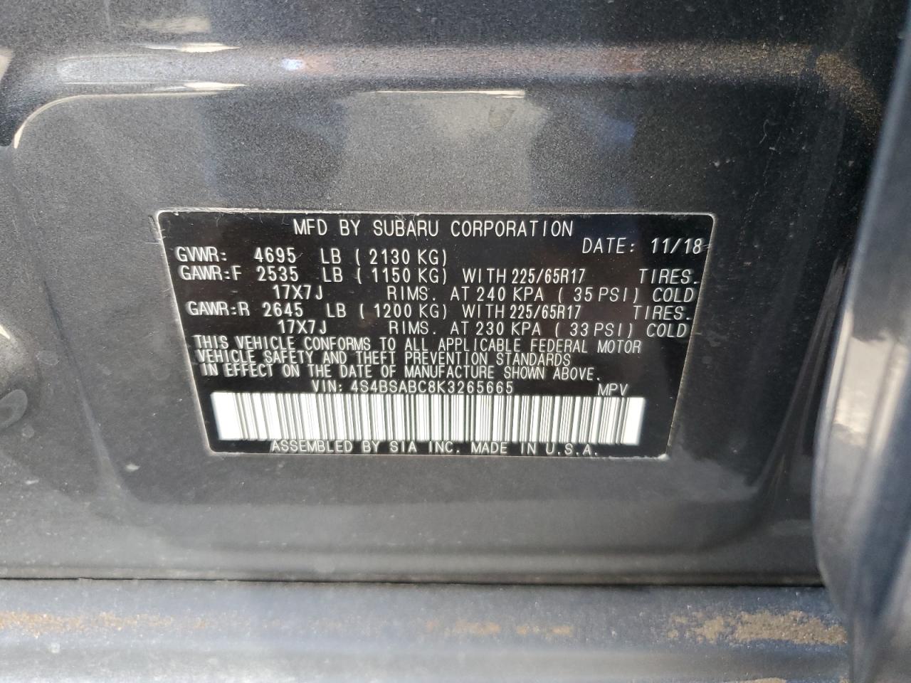 2019 Subaru Outback VIN 4S4BSABC8K3265665 Copart auction photo, front end / side damage thumbnail 14