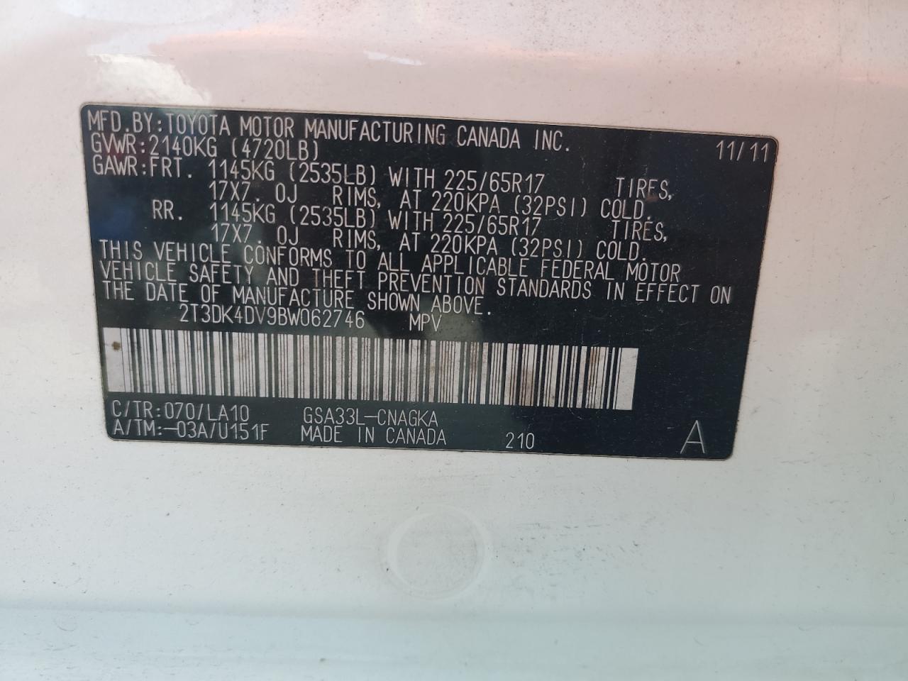2011 Toyota RAV 4 VIN 2T3DK4DV9BW062746 Copart auction photo, front end / rear end damage thumbnail 15