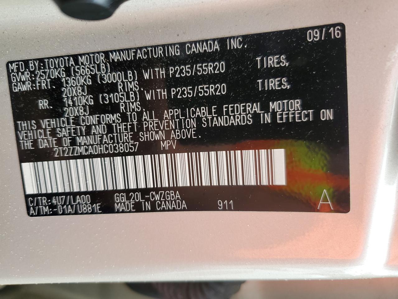 2017 Lexus RX VIN 2T2ZZMCA0HC038057 Copart auction photo, front end damage thumbnail 14