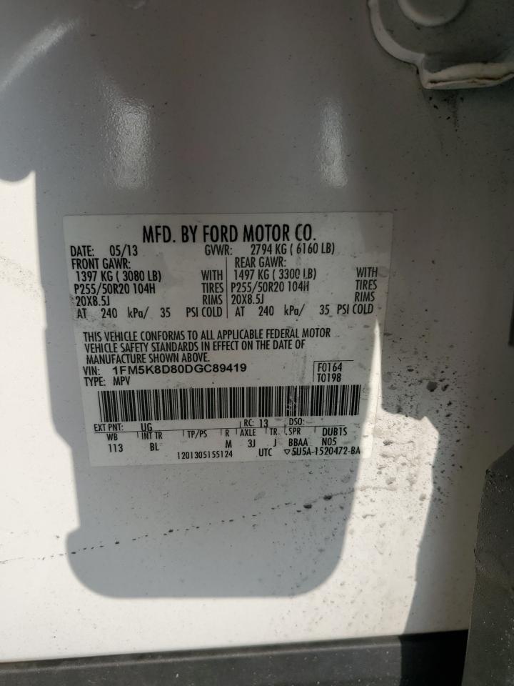 2013 Ford Explorer VIN 1FM5K8D80DGC89419 Copart auction photo, front end / rear end damage thumbnail 14