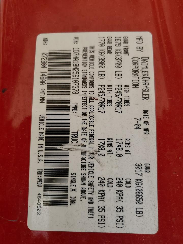 2005 Dodge RAM VIN 1D7HA18N25S107378 Copart auction photo, front end damage thumbnail 12