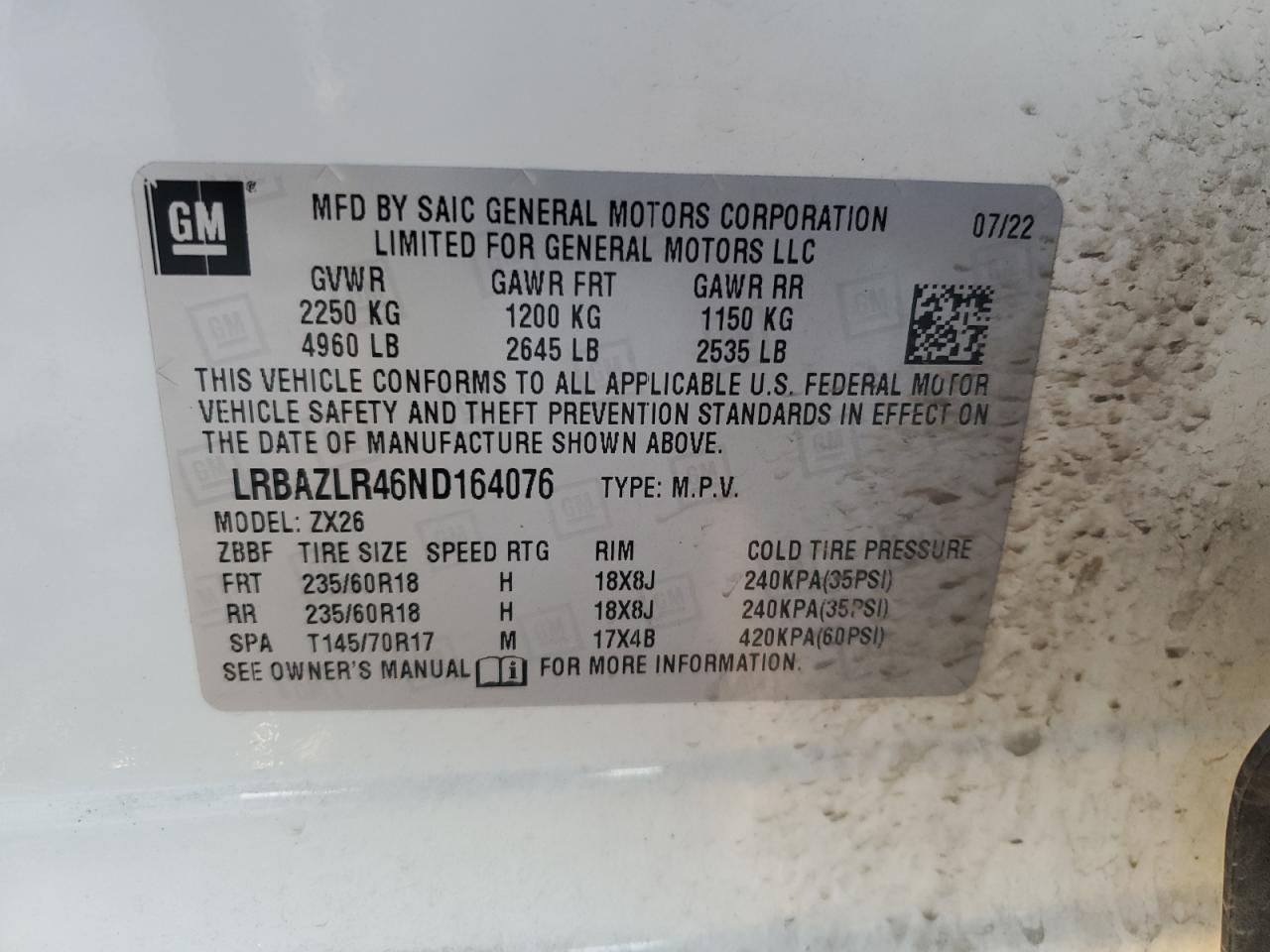 2022 Buick Envision VIN LRBAZLR46ND164076 Copart auction photo, front end / side damage thumbnail 15