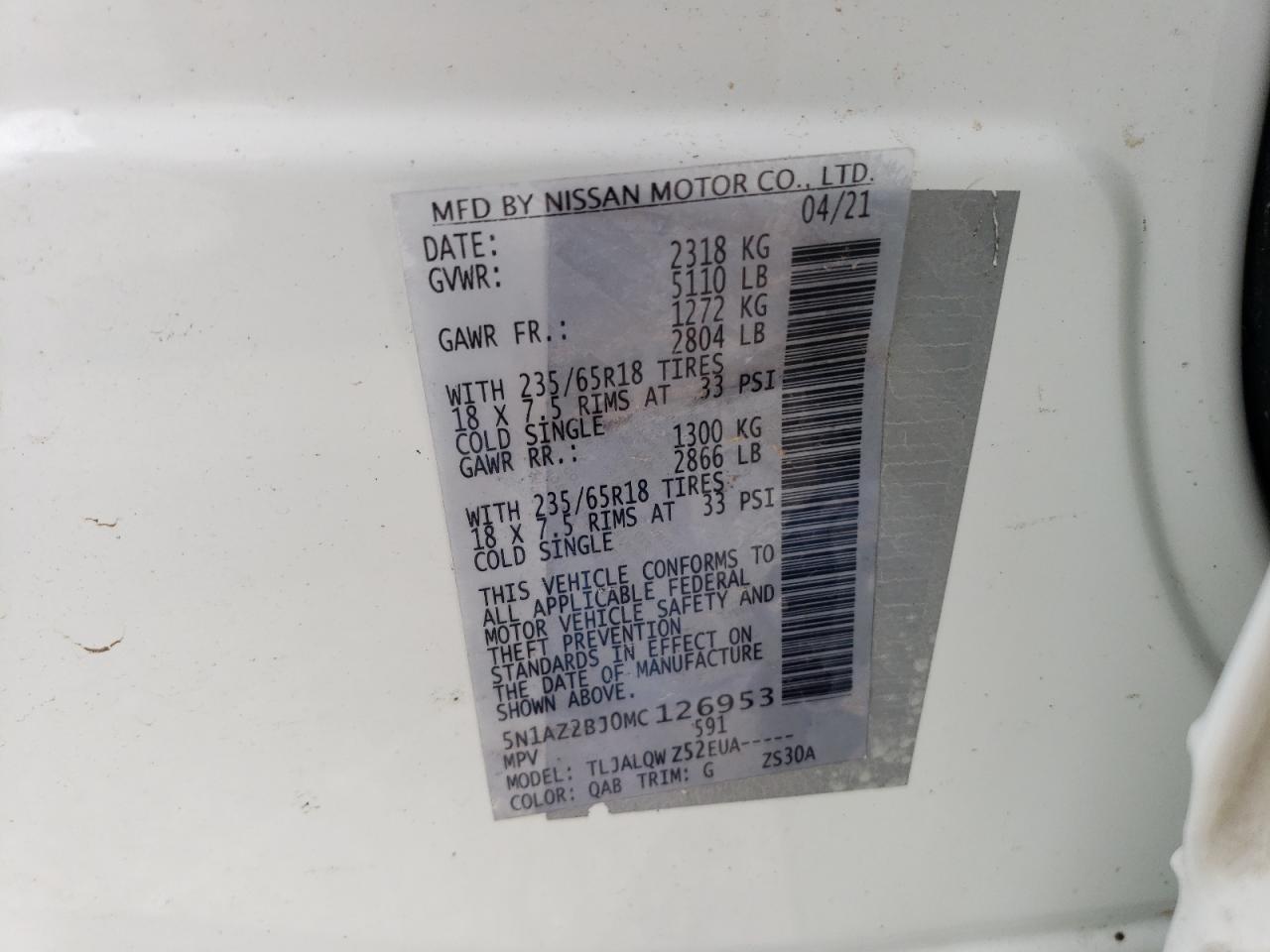 2021 Nissan Murano VIN 5N1AZ2BJ0MC126953 Copart auction photo, rollover damage thumbnail 13