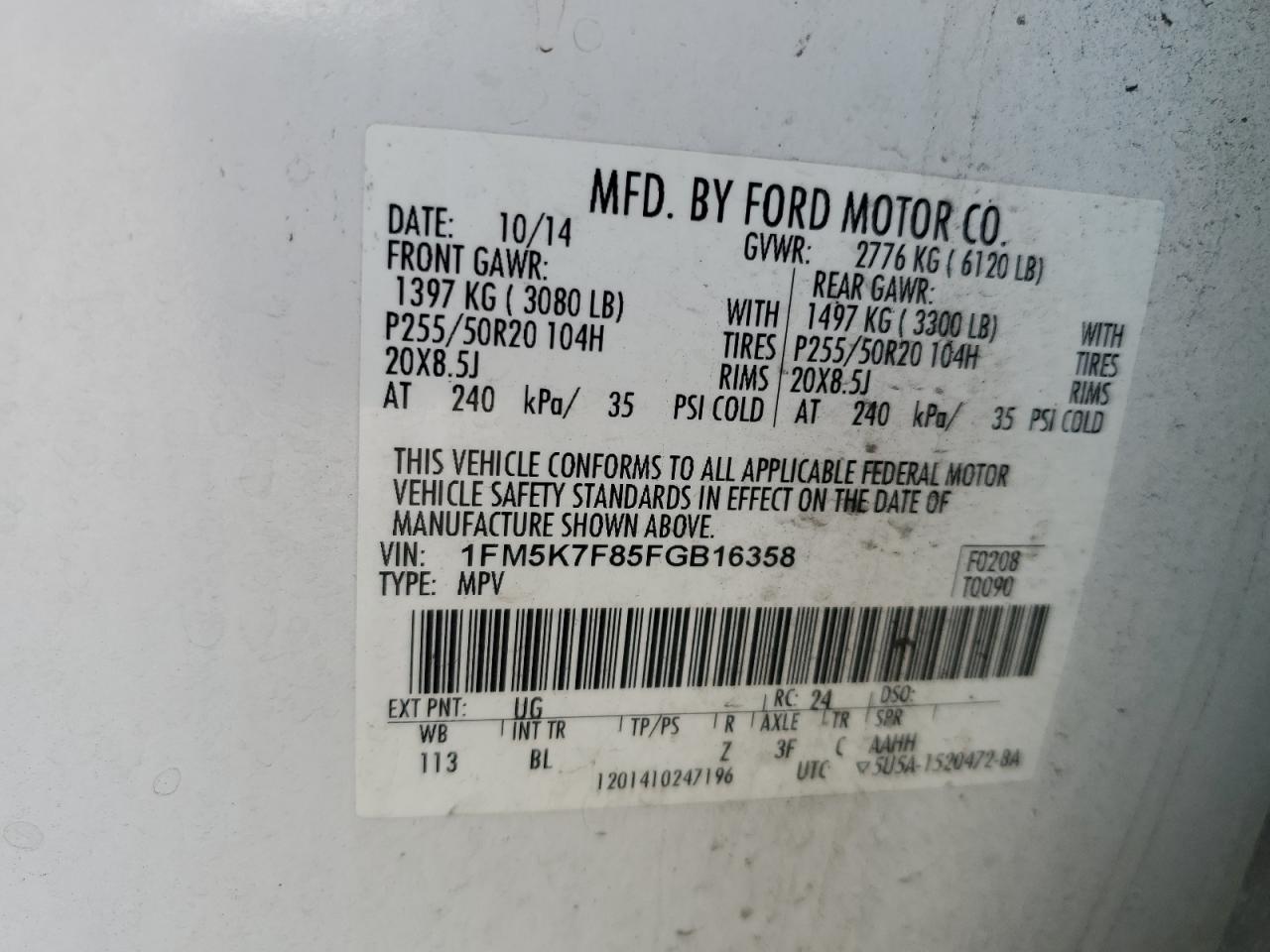 2015 Ford Explorer VIN 1FM5K7F85FGB16358 Copart auction photo, front end damage thumbnail 16