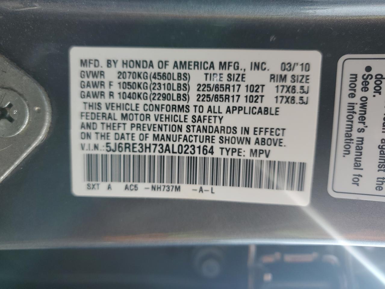 2010 Honda CR-V VIN 5J6RE3H73AL023164 Copart auction photo, rear end / mechanical damage thumbnail 13