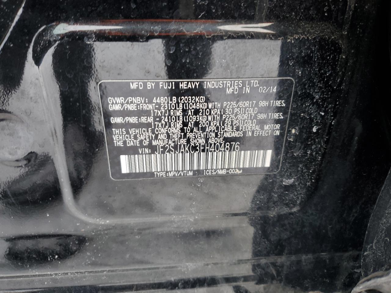 2015 Subaru Forester VIN JF2SJAKC3FH404876 Copart auction photo, front end / side damage thumbnail 13