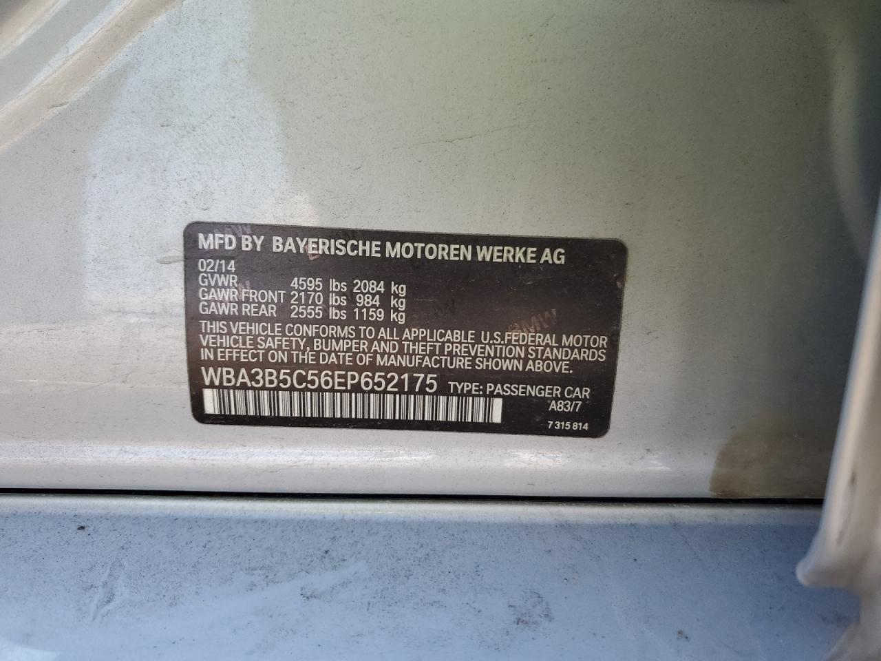 2014 BMW 3er VIN WBA3B5C56EP652175 Copart auction photo, front end damage thumbnail 15