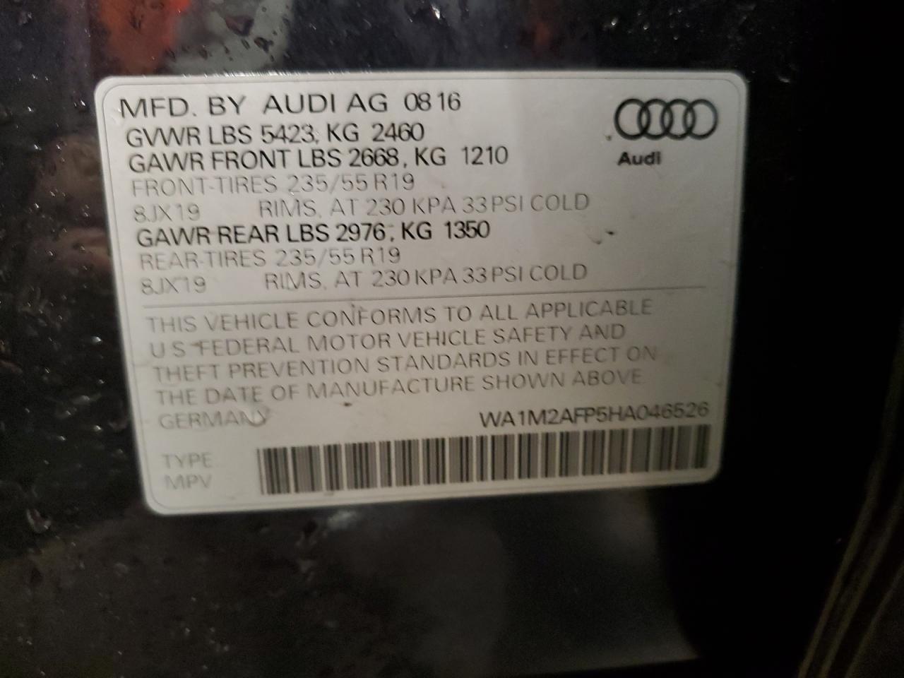 2017 Audi Q5 VIN WA1M2AFP5HA046526 Copart auction photo, all over damage thumbnail 13