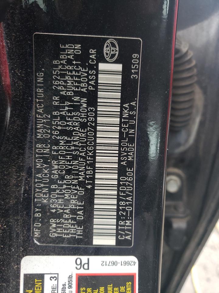 2012 Toyota Camry VIN 4T1BF1FK6CU072903 Copart auction photo, front end / undercarriage damage thumbnail 14