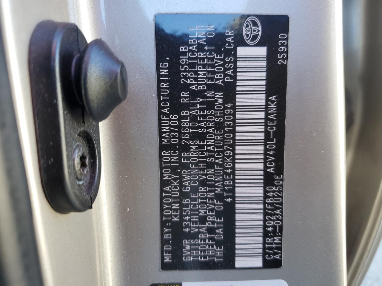 2007 Toyota Camry VIN 4T1BE46K97U013094 Copart auction photo, rear end damage thumbnail 12