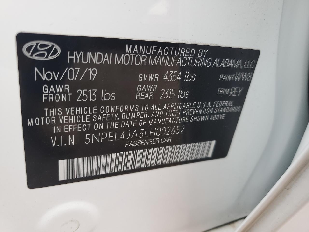 2020 Hyundai Sonata VIN 5NPEL4JA3LH002652 Copart auction photo, water/flood damage thumbnail 13