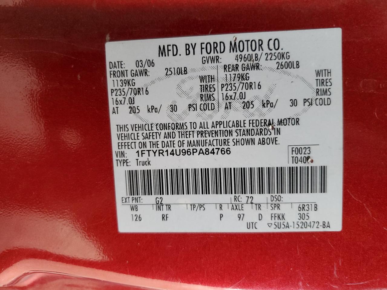 2006 Ford Ranger VIN 1FTYR14U96PA84766 Copart auction photo, rear end / front end damage thumbnail 12