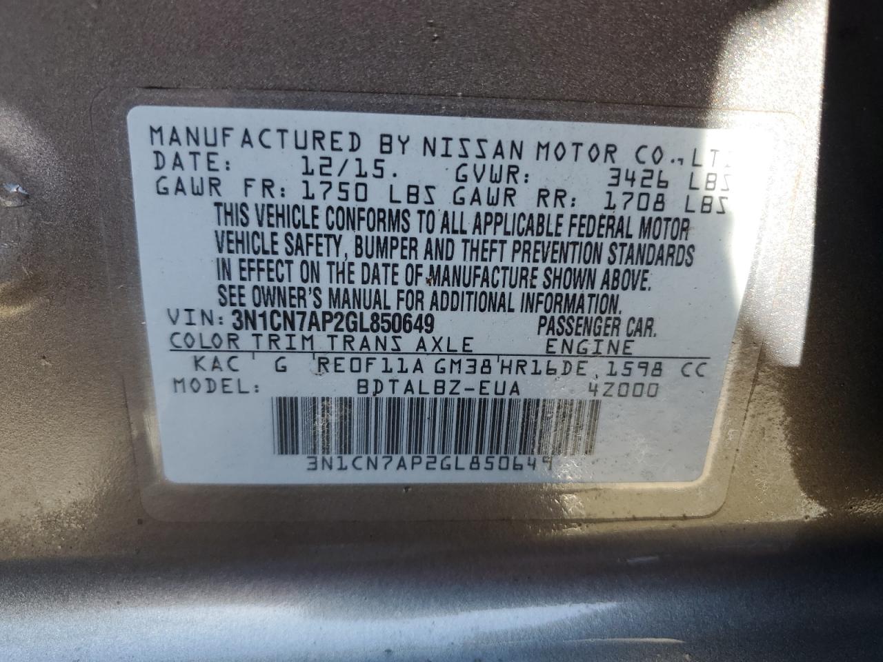 2016 Nissan Versa VIN 3N1CN7AP2GL850649 Copart auction photo, front end damage thumbnail 13