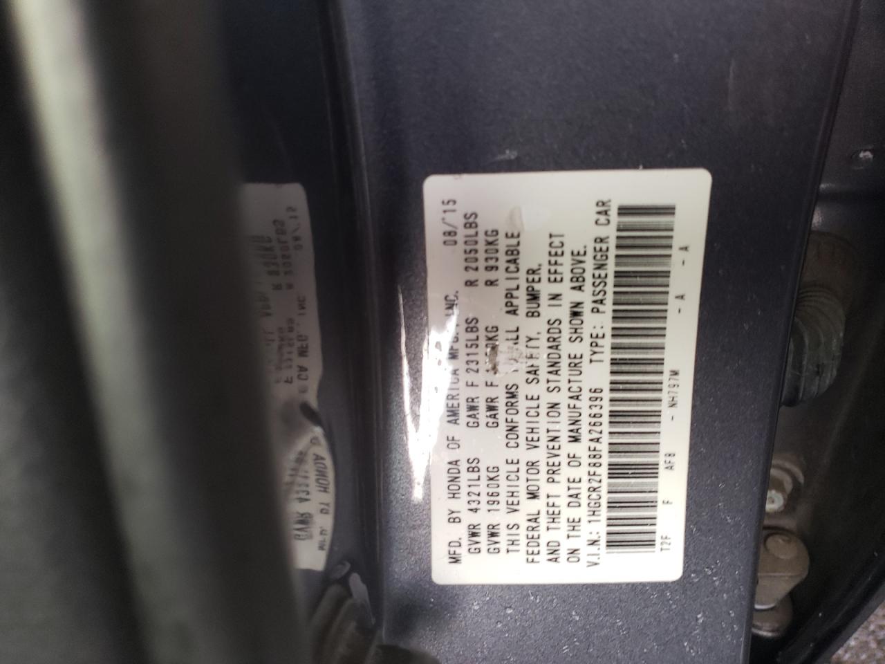 2015 Honda Accord VIN 1HGCR2F88FA266396 Copart auction photo, front end damage thumbnail 14