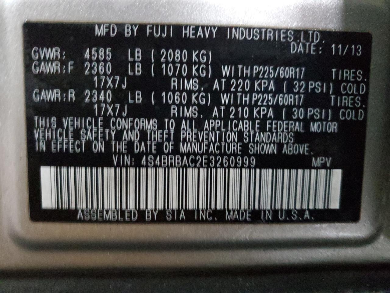 2014 Subaru Outback VIN 4S4BRBAC2E3260999 Copart auction photo, front end / side damage thumbnail 14