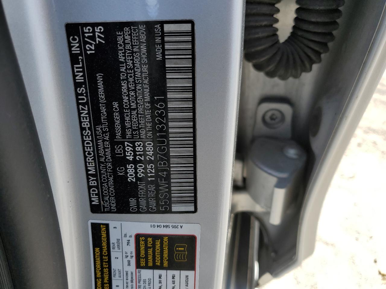 2016 Mercedes-Benz C-klasse VIN 55SWF4JB7GU132361 Copart auction photo, front end damage thumbnail 12