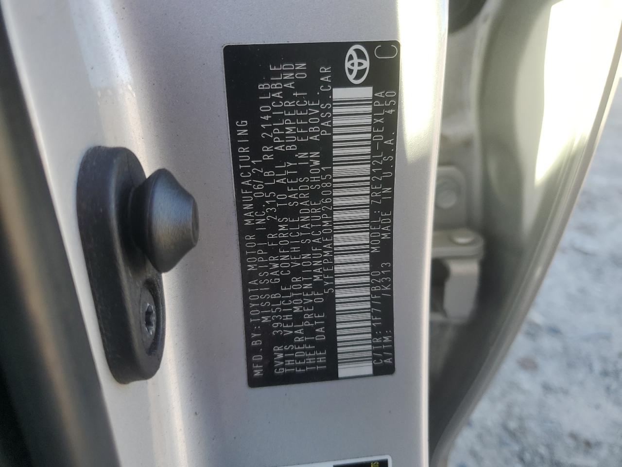 2021 Toyota Corolla VIN 5YFEPMAE0MP260851 Copart auction photo, all over damage thumbnail 14