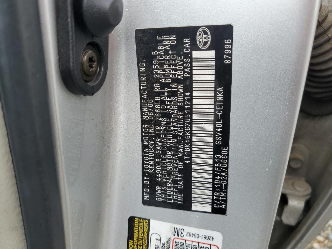 2007 Toyota Camry VIN 4T1BK46K67U511214 Copart auction photo, front end / side damage thumbnail 13