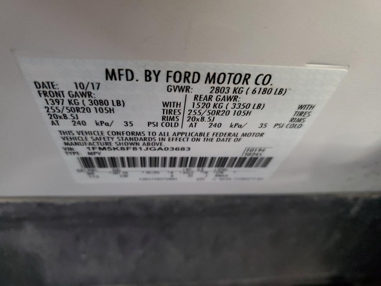 2018 Ford Explorer VIN 1FM5K8F81JGA03683 Copart auction photo, front end / minor dent/scratches damage thumbnail 13