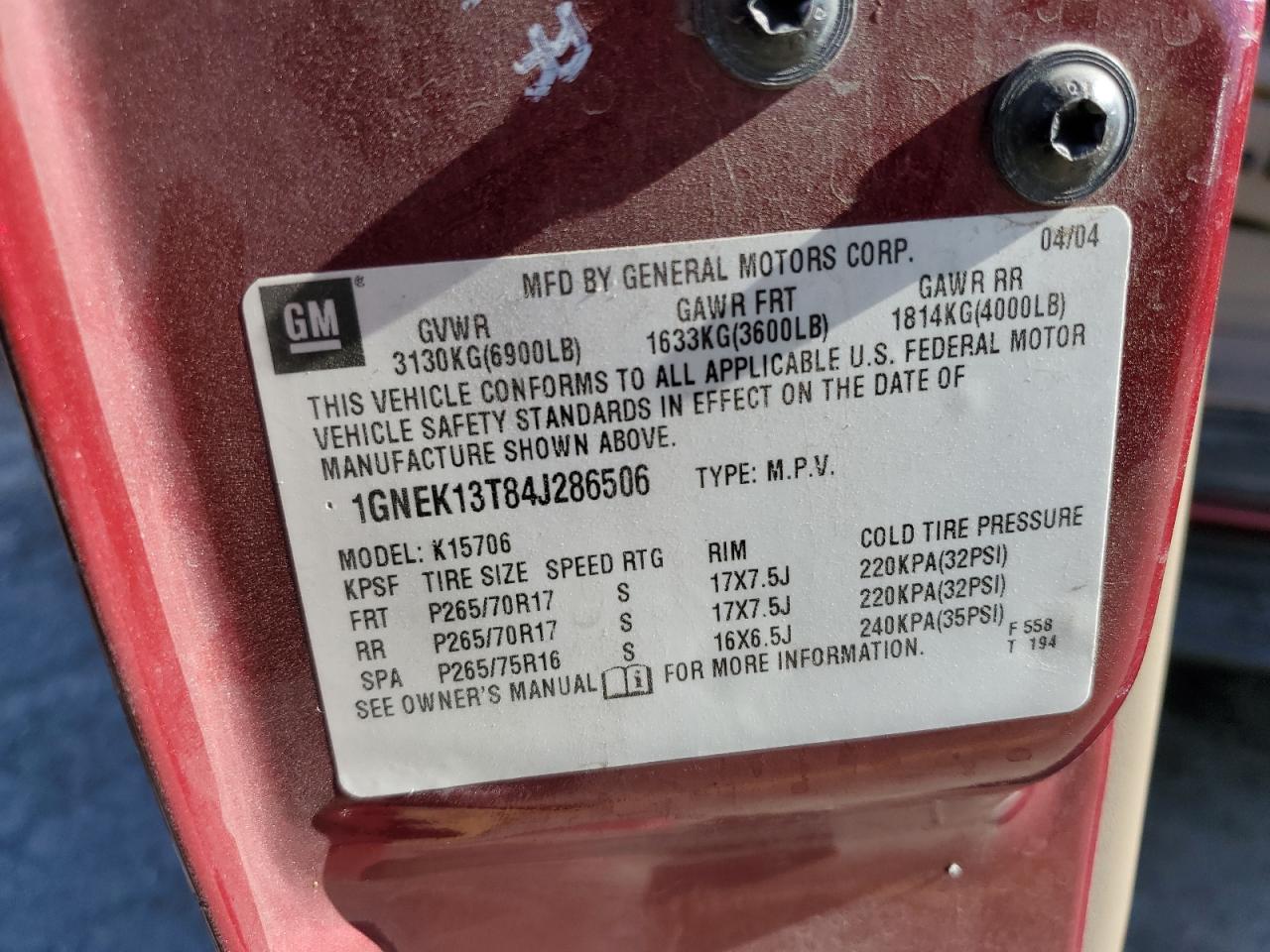 2004 Chevrolet Tahoe VIN 1GNEK13T84J286506 Copart auction photo, vandalism damage thumbnail 13