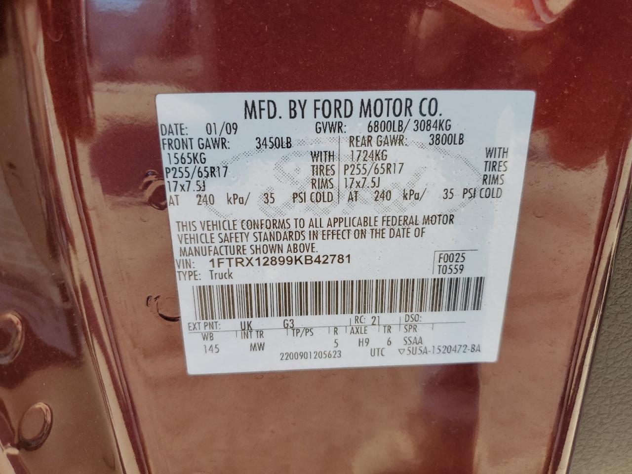 2009 Ford F-150 VIN 1FTRX12899KB42781 Copart auction photo, rear end / front end damage thumbnail 12