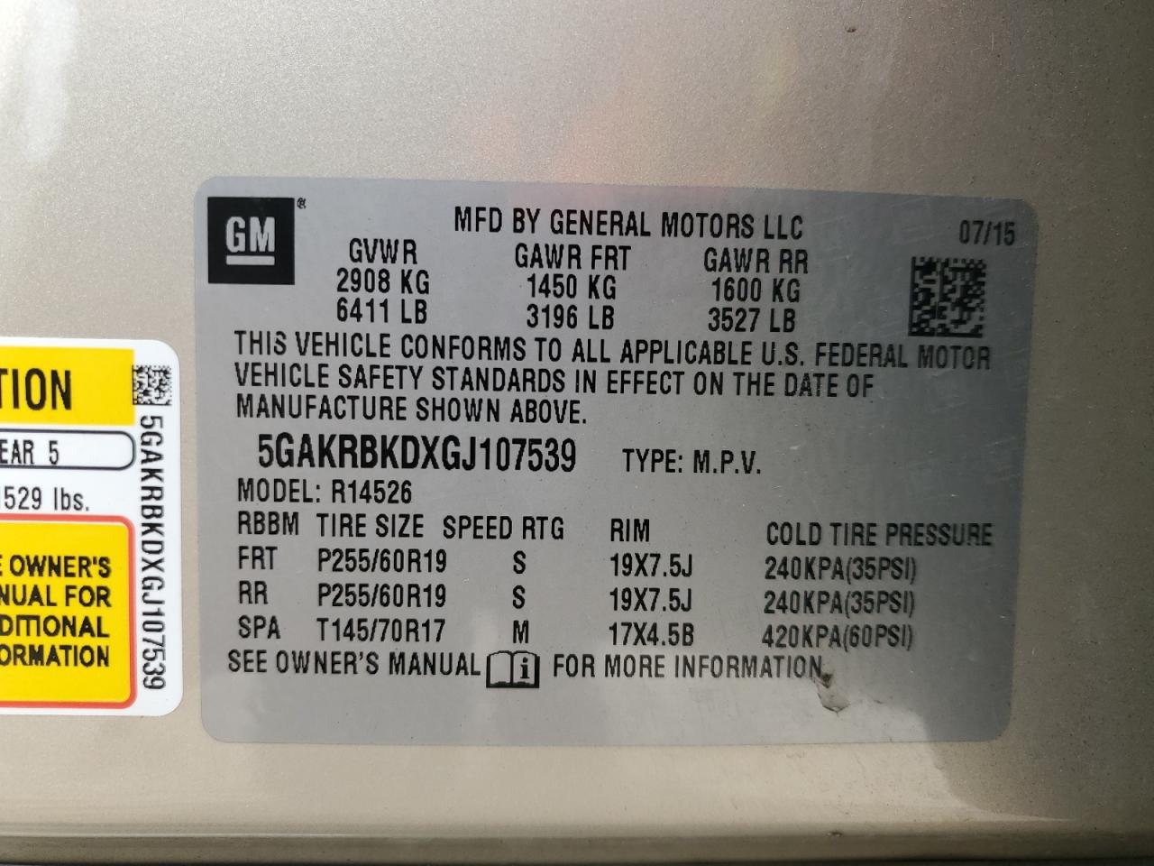 2016 Buick Enclave VIN 5GAKRBKDXGJ107539 Copart auction photo, front end / minor dent/scratches damage thumbnail 13