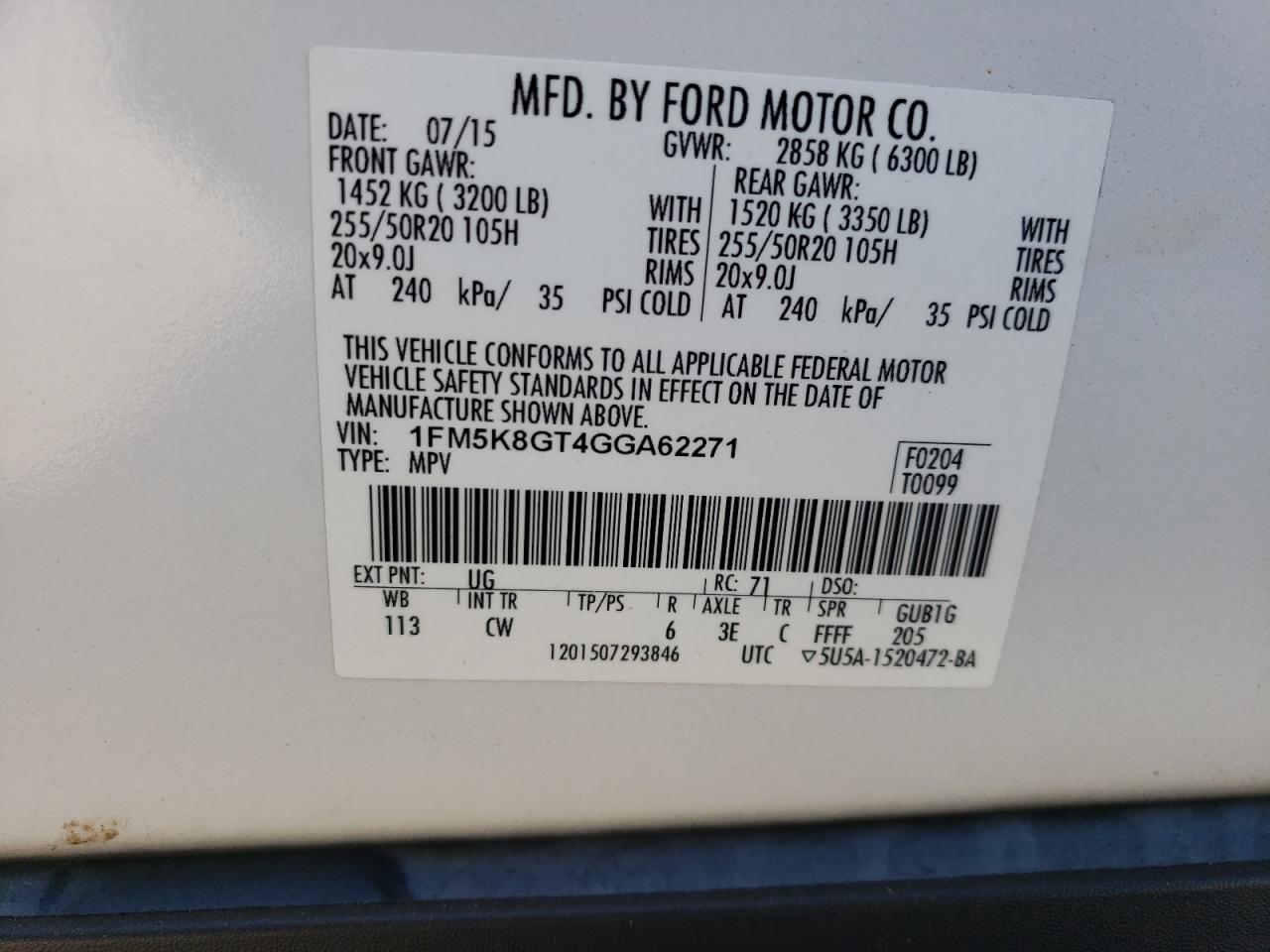 2016 Ford Explorer VIN 1FM5K8GT4GGA62271 Copart auction photo, side / rear end damage thumbnail 15