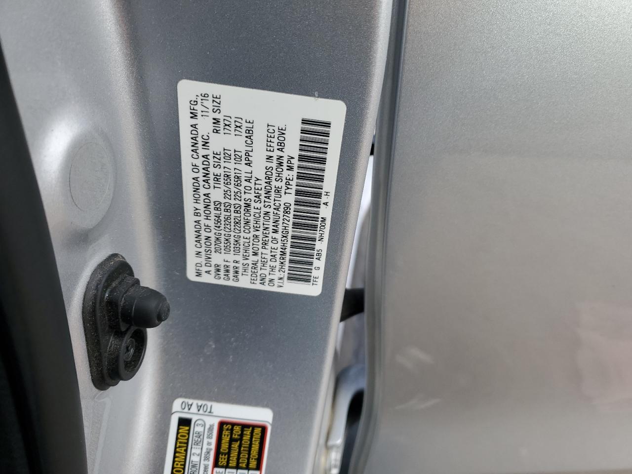 2016 Honda CR-V VIN 2HKRM4H5XGH727890 Copart auction photo, rear end damage thumbnail 12