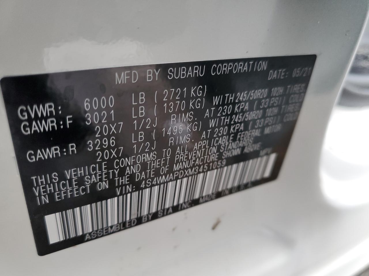 2021 Subaru Ascent VIN 4S4WMAPDXM3451059 Copart auction photo, front end / side damage thumbnail 15
