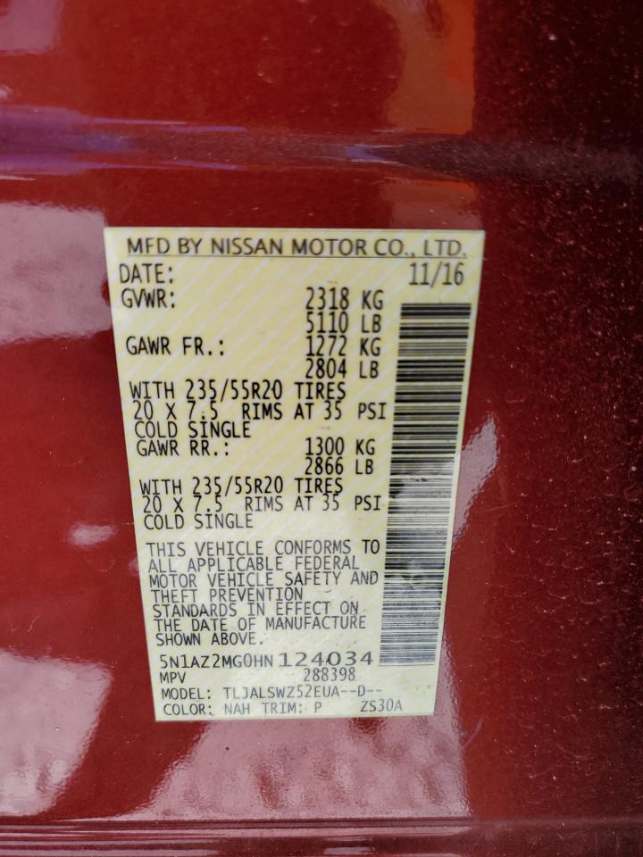 2017 Nissan Murano VIN 5N1AZ2MG0HN124034 Copart auction photo, rear end damage thumbnail 14
