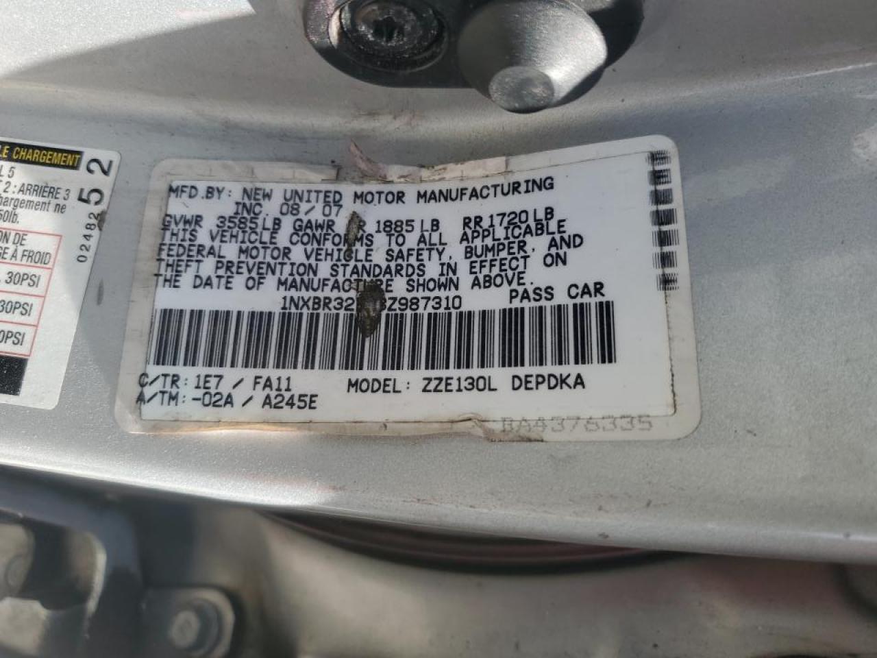 2008 Toyota Corolla VIN 1NXBR32E48Z987310 Copart auction photo, front end / side damage thumbnail 14