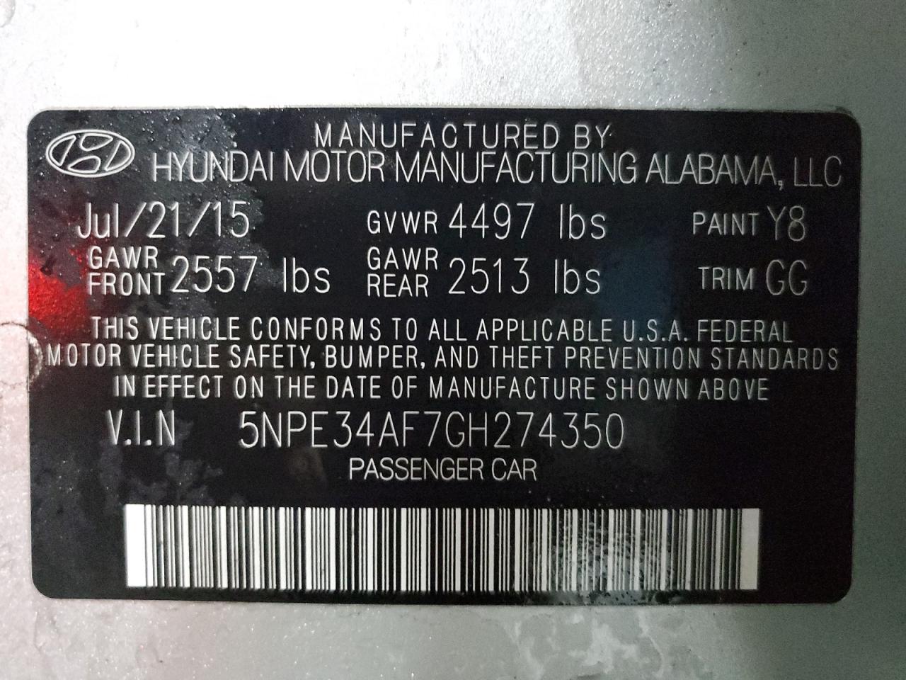 2016 Hyundai Sonata VIN 5NPE34AF7GH274350 Copart auction photo, front end damage thumbnail 12