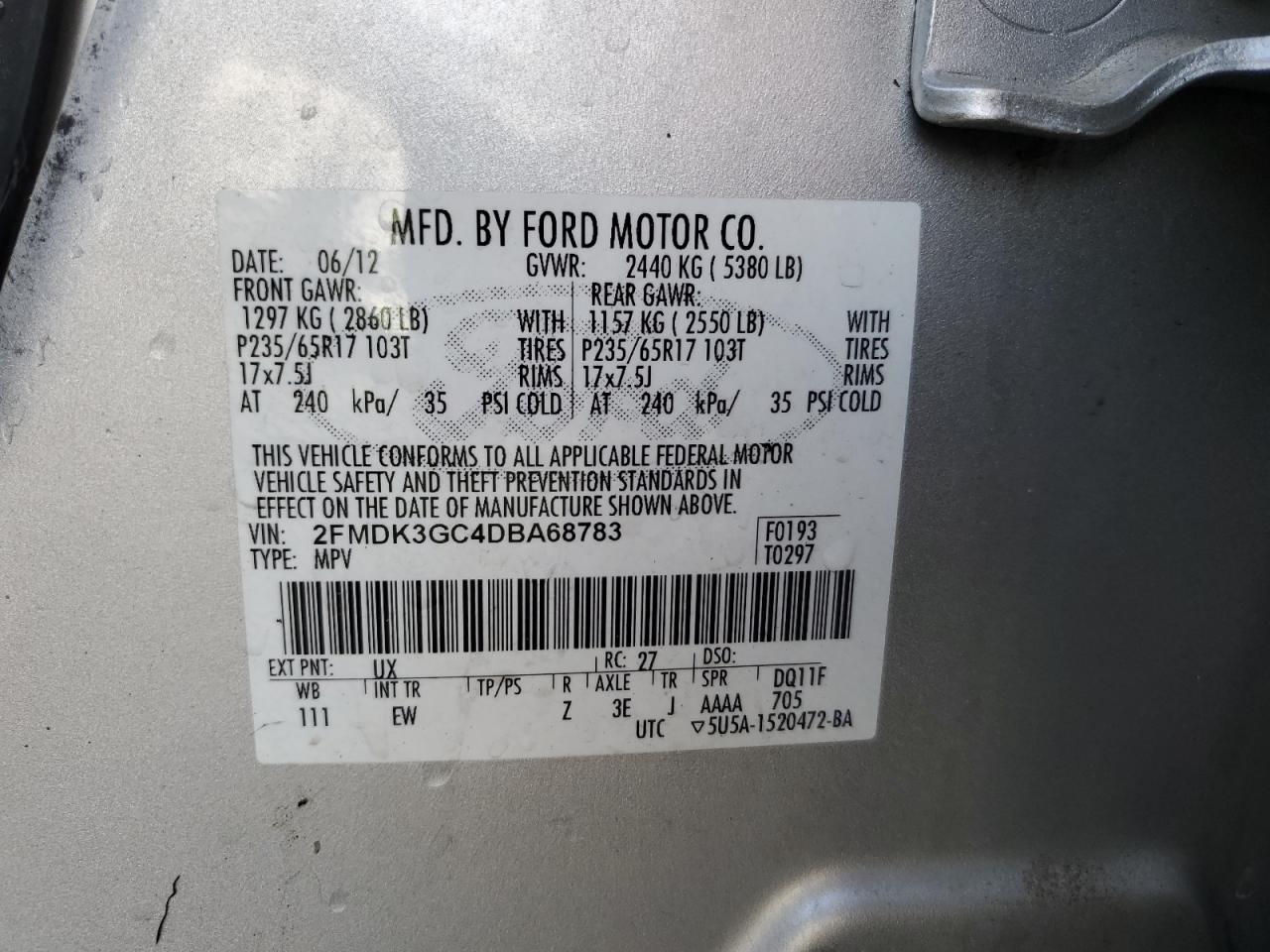 2013 Ford Edge VIN 2FMDK3GC4DBA68783 Copart auction photo, burn - interior damage thumbnail 13