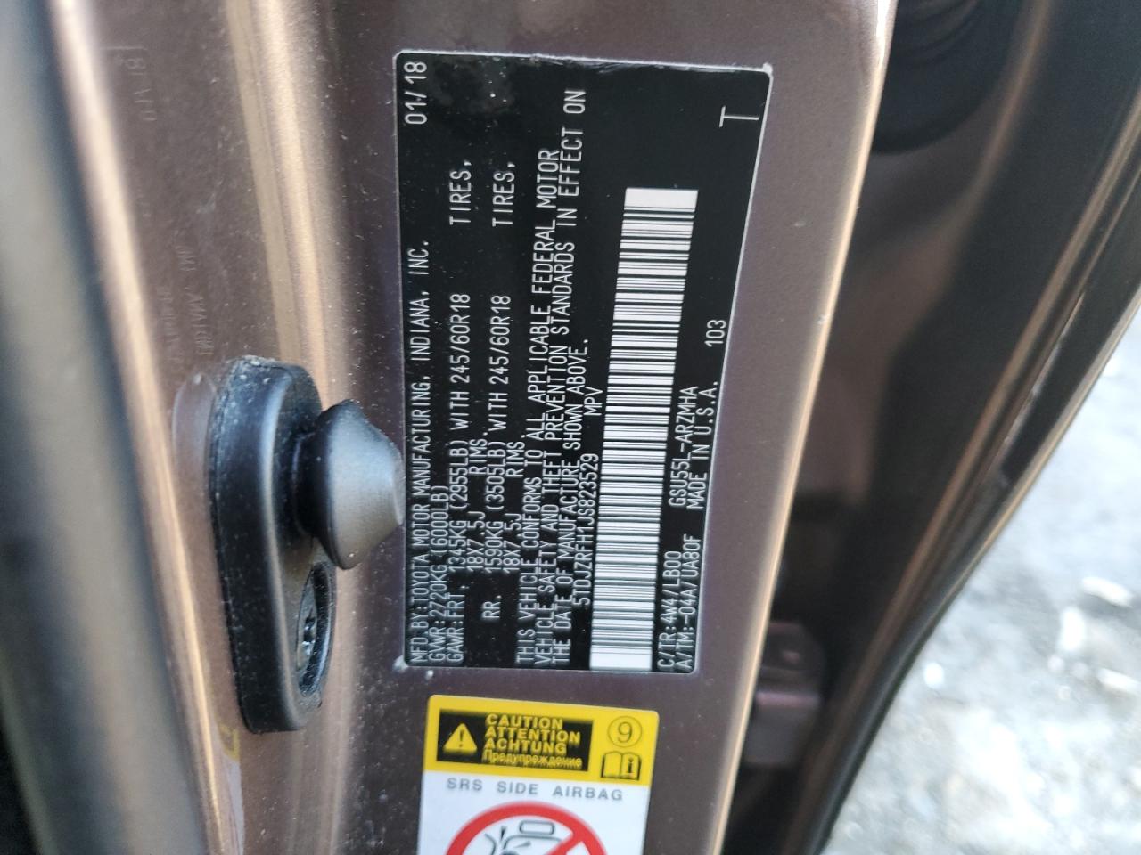 2018 Toyota Highlander VIN 5TDJZRFH1JS823529 Copart auction photo, front end / undercarriage damage thumbnail 16
