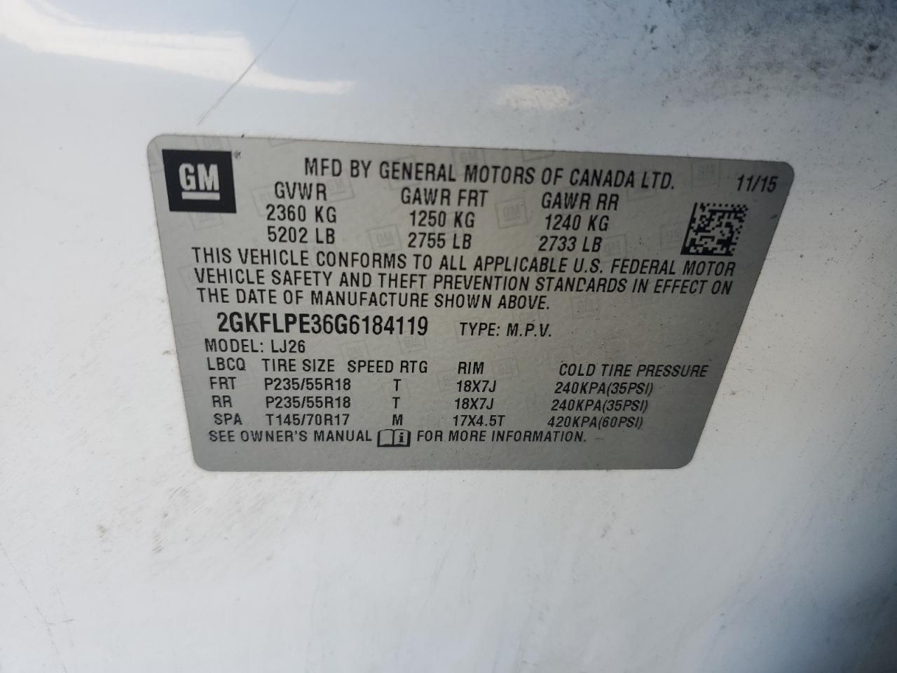 2016 GMC Terrain VIN 2GKFLPE36G6184119 Copart auction photo, rear end damage thumbnail 13