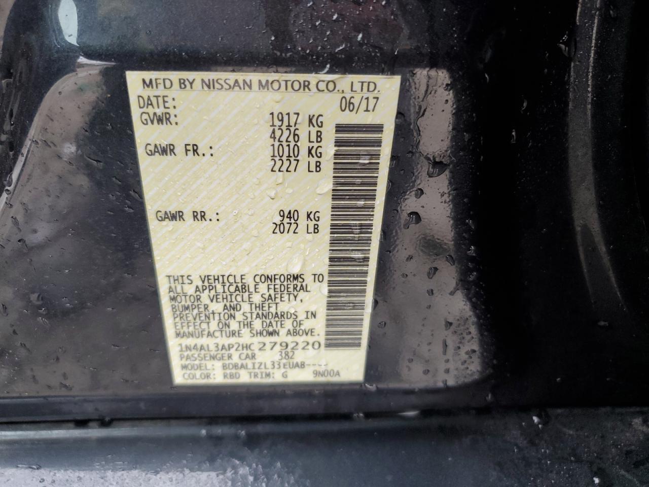 2017 Nissan Altima VIN 1N4AL3AP2HC279220 Copart auction photo, rear end damage thumbnail 12
