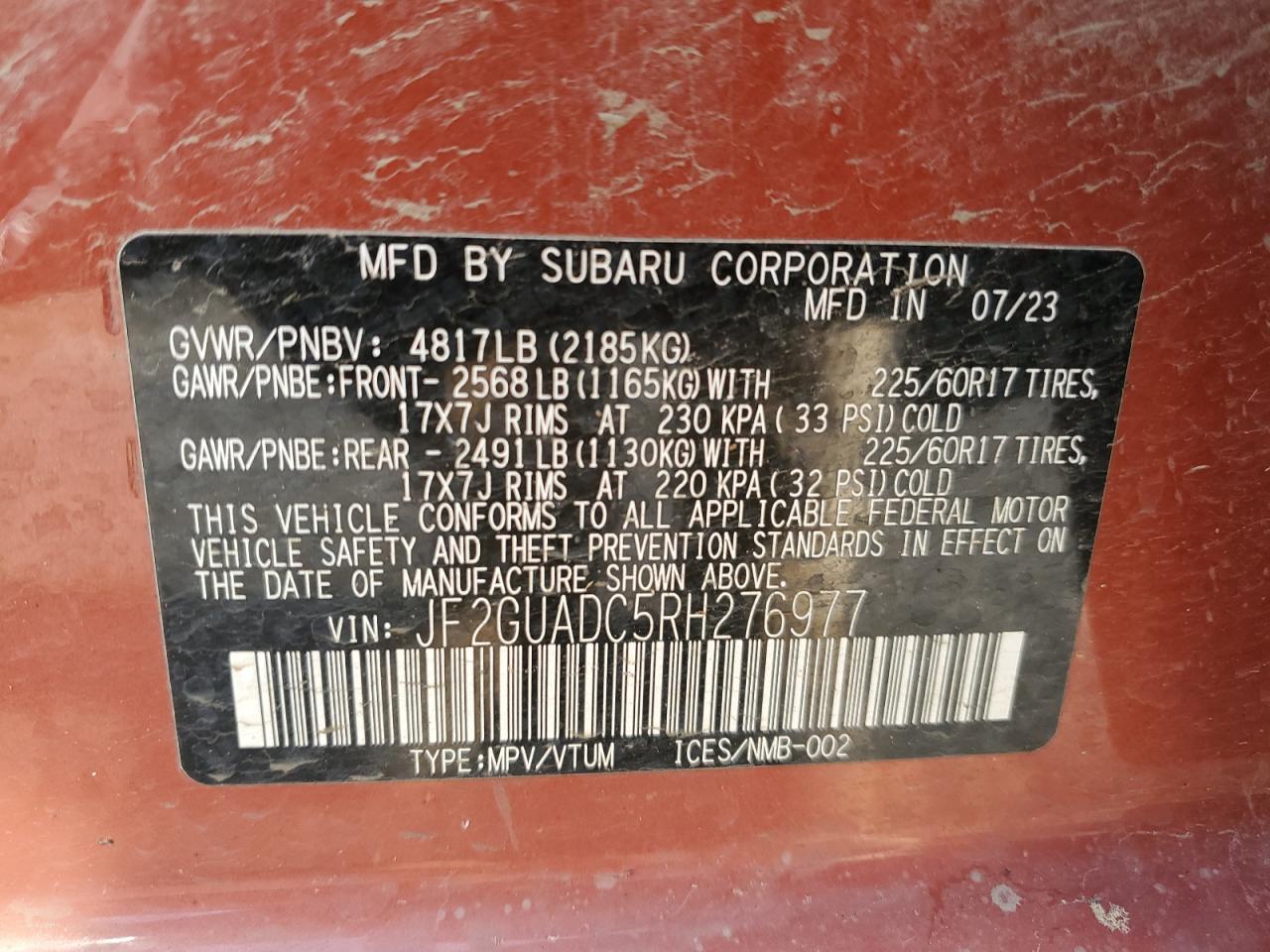 2024 Subaru XV VIN JF2GUADC5RH276977 Copart auction photo, front end damage thumbnail 12